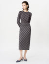 Diamond Plaid Long Sleeve Ruched-Waist Midi Dress