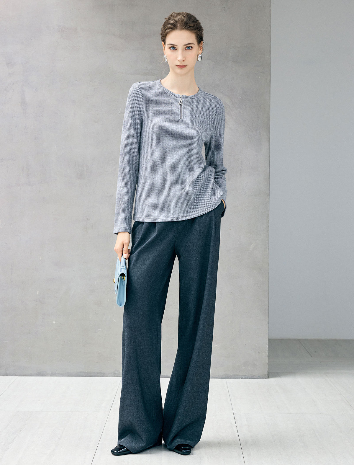 Waffle Texture Half Zip Long Sleeve Top