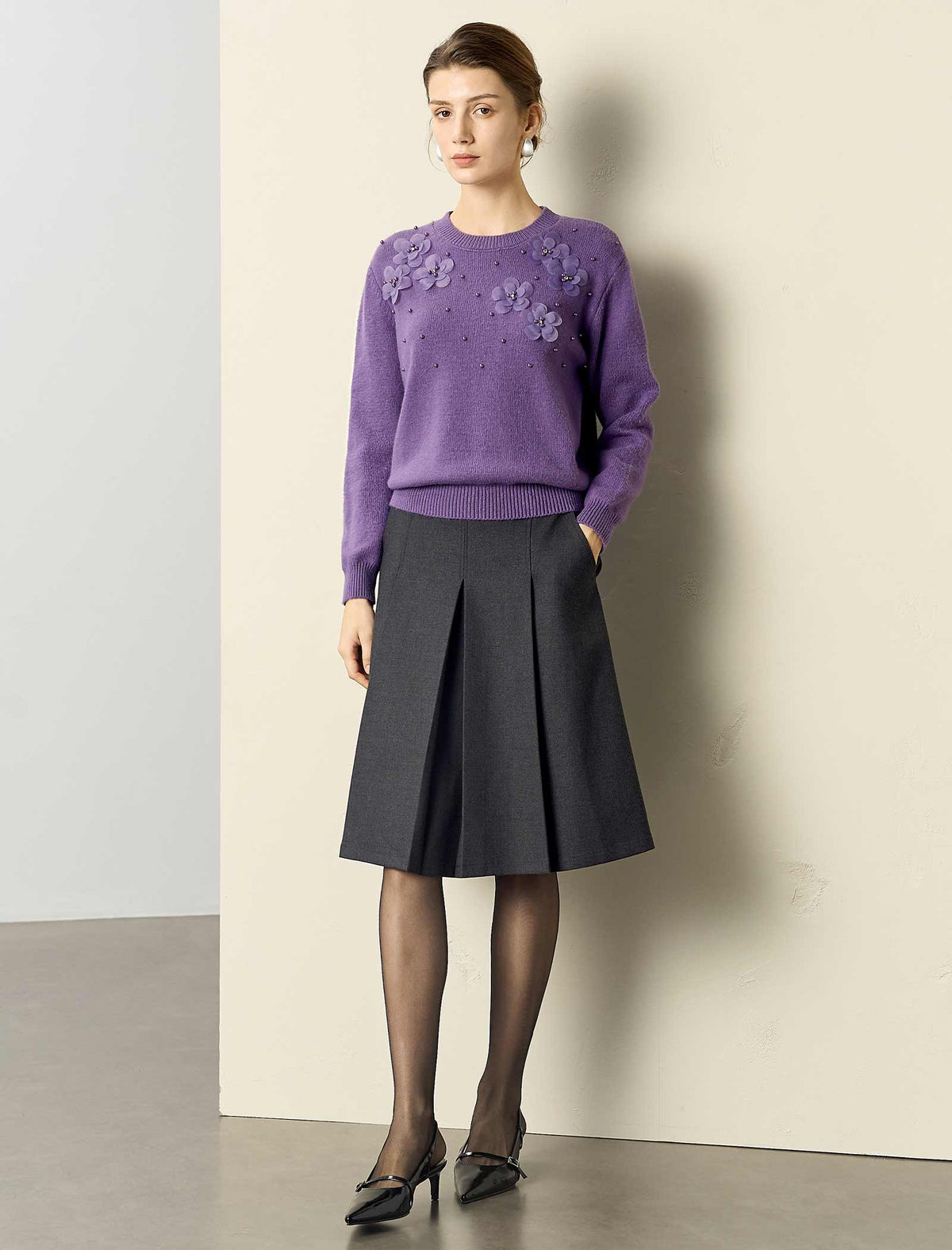 Wool Blend Floral Beaded Accents Crewneck Sweater