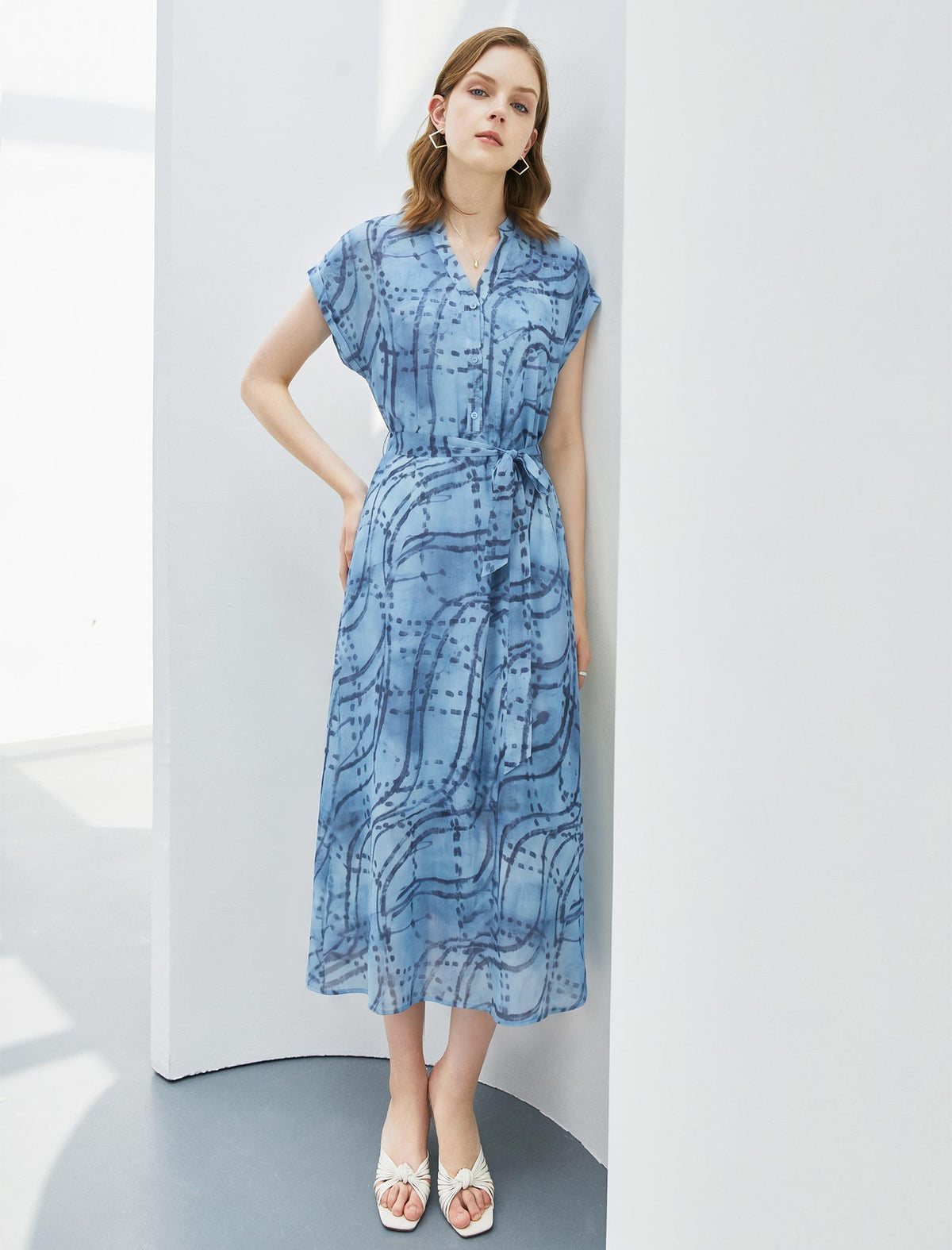 Blue Abstract Print Belted Midi Shirt Dress