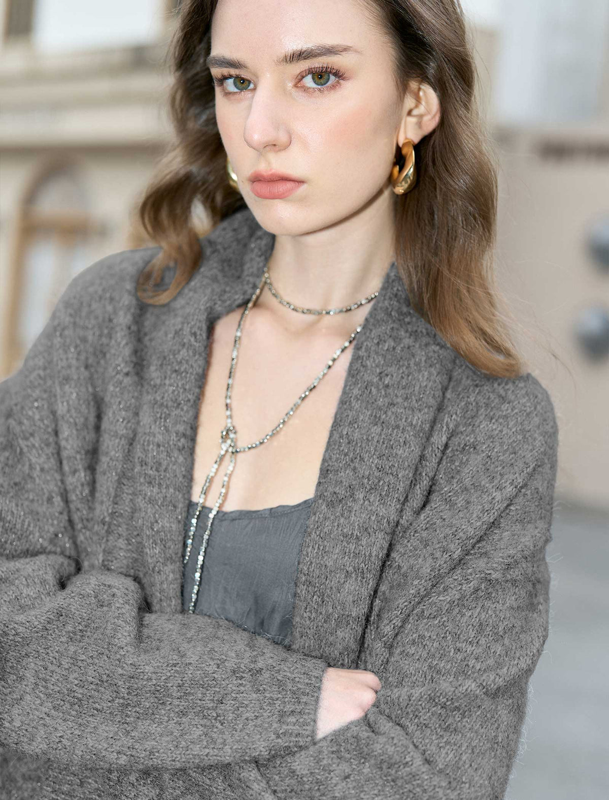 Heathered Gray Shawl Collar Button-Up Knit Cardigan