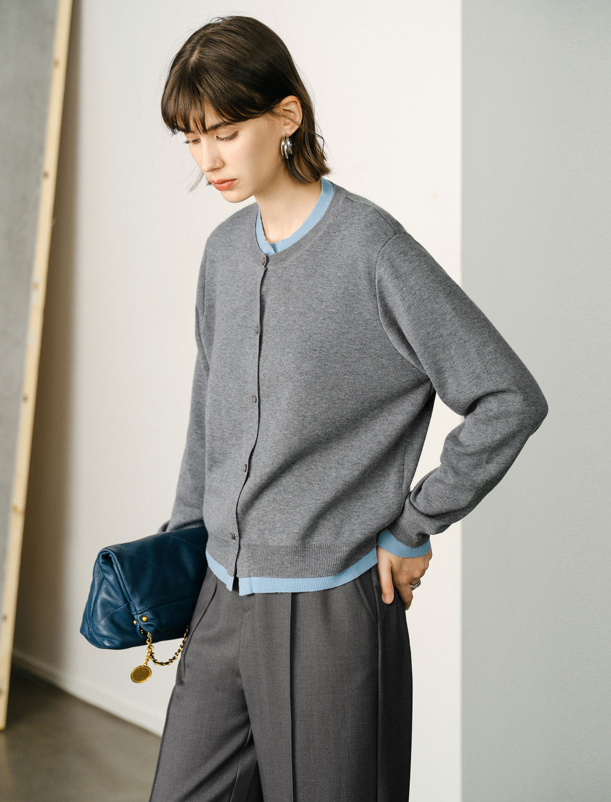 Mock‑Two‑Piece Color‑Block Knit Cardigan