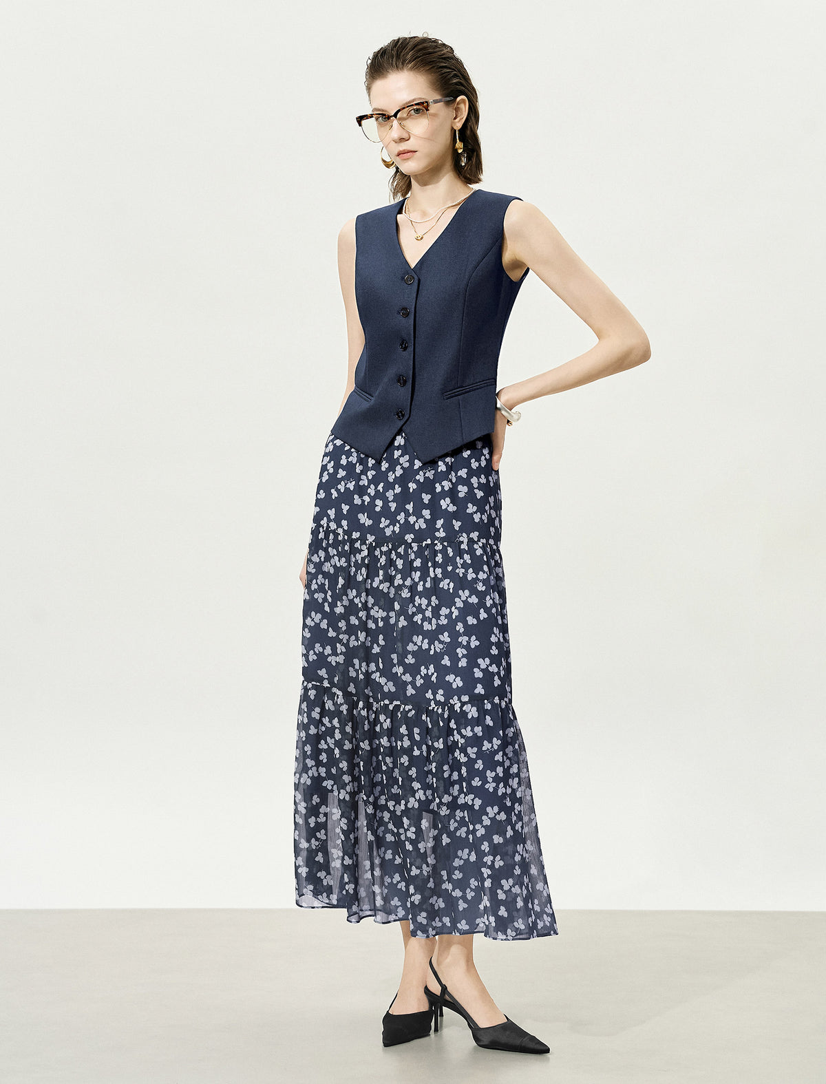 Floral Multi-Layered Midi Skirt