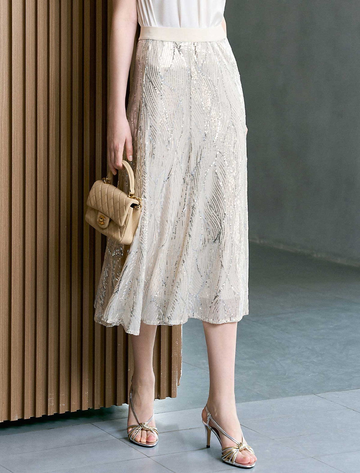 Champagne Wavy Sequin Midi Flare Skirt