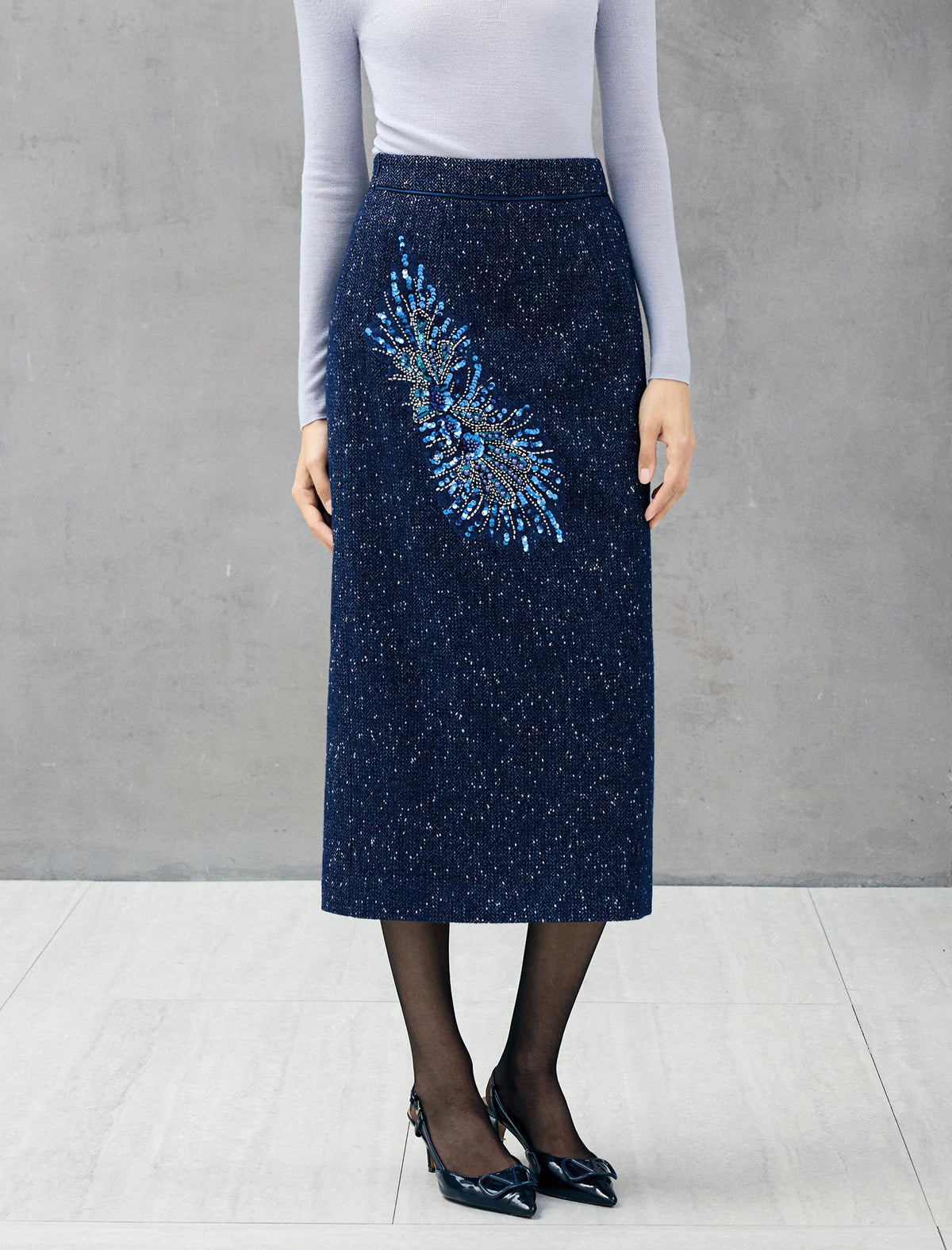 Wool Blend Beaded High-Waist Straight Midi Skirt