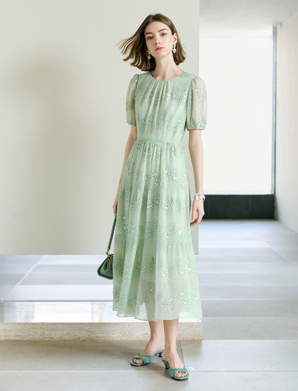Floral Embroidered Puff Sleeve Midi Dress