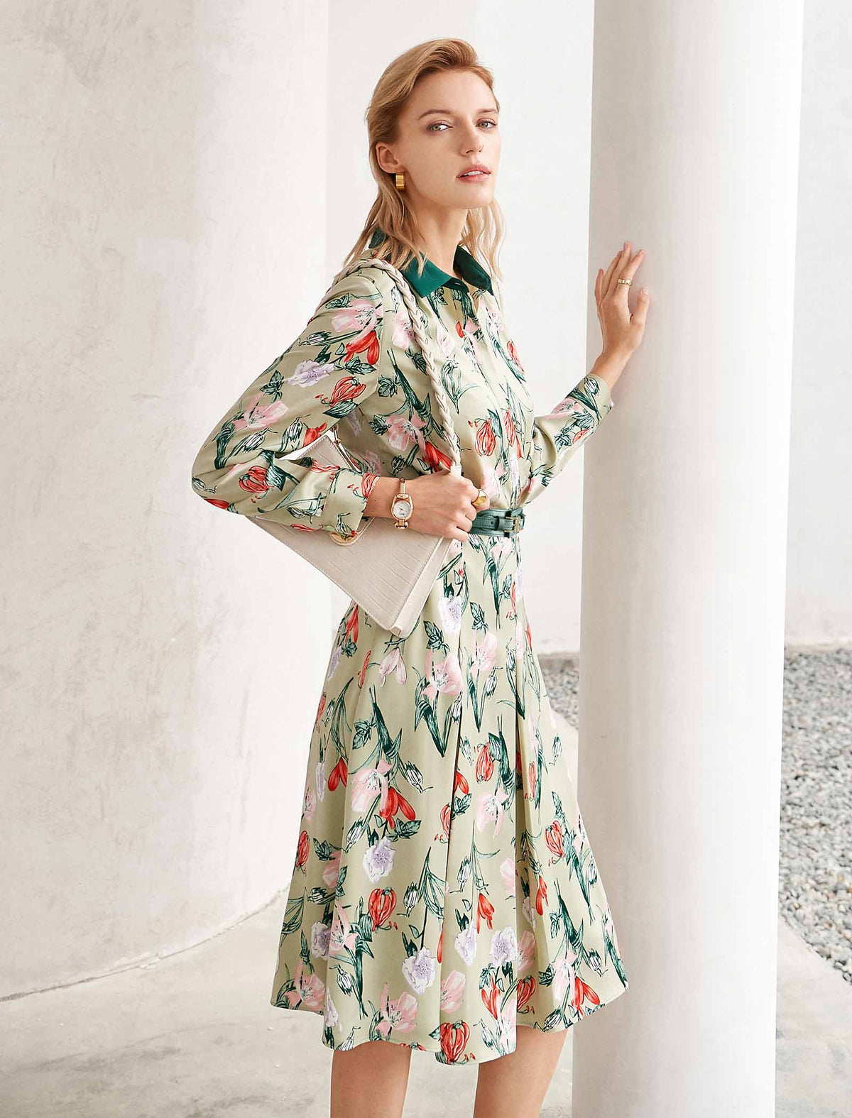 Floral Print Contrast Collar Shirt Dress