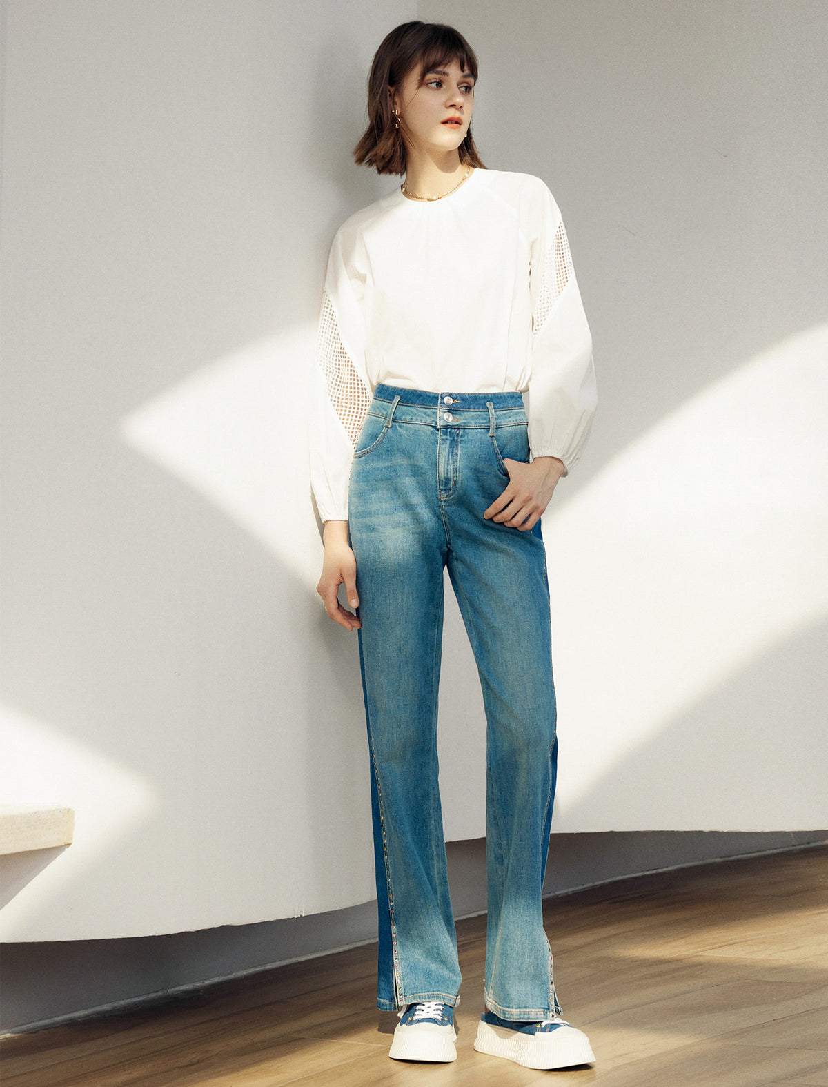 Mesh Detail Round Neck Puff Sleeve Blouse