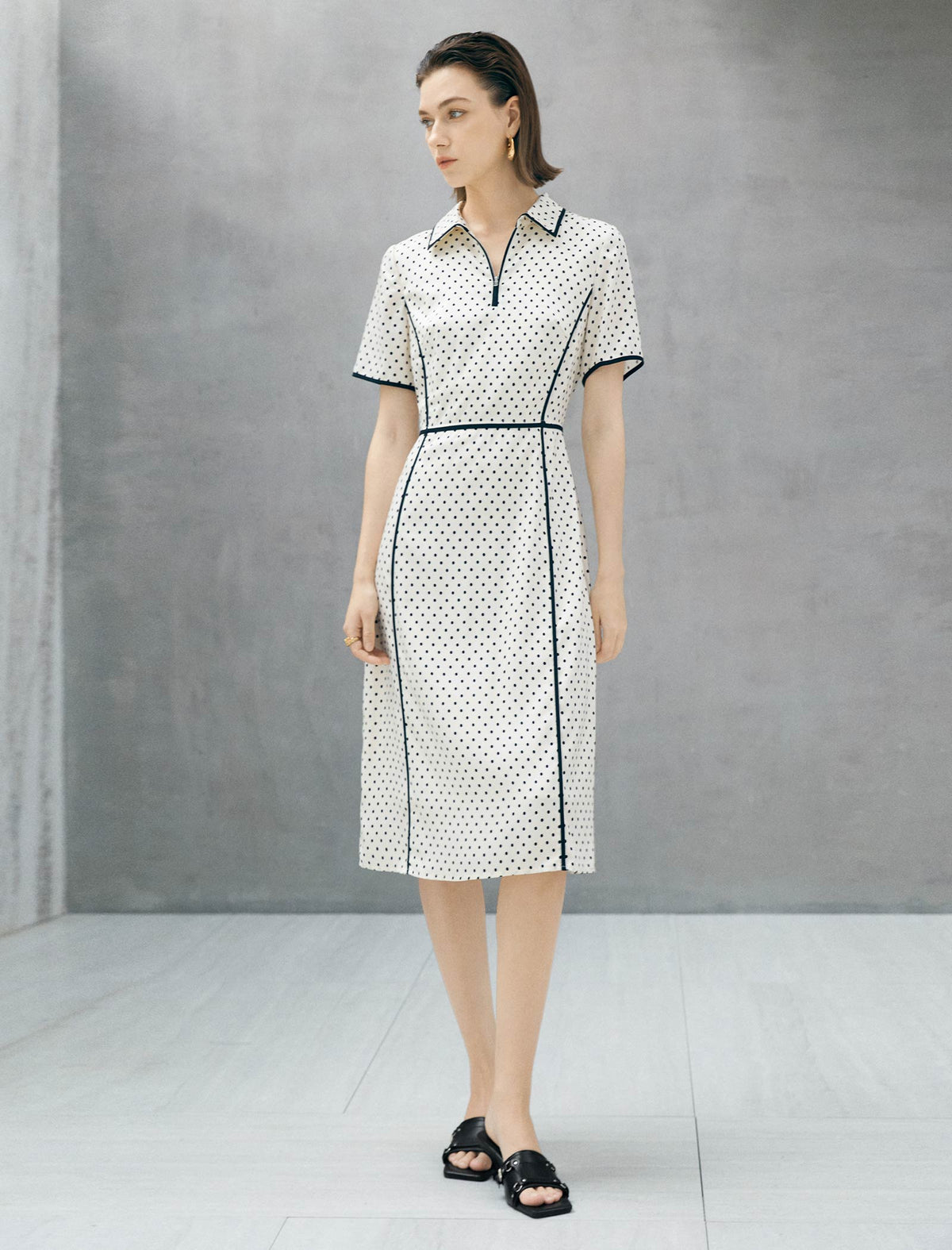 Ivory Polka Dot Contrast Trim Midi Shirt Dress