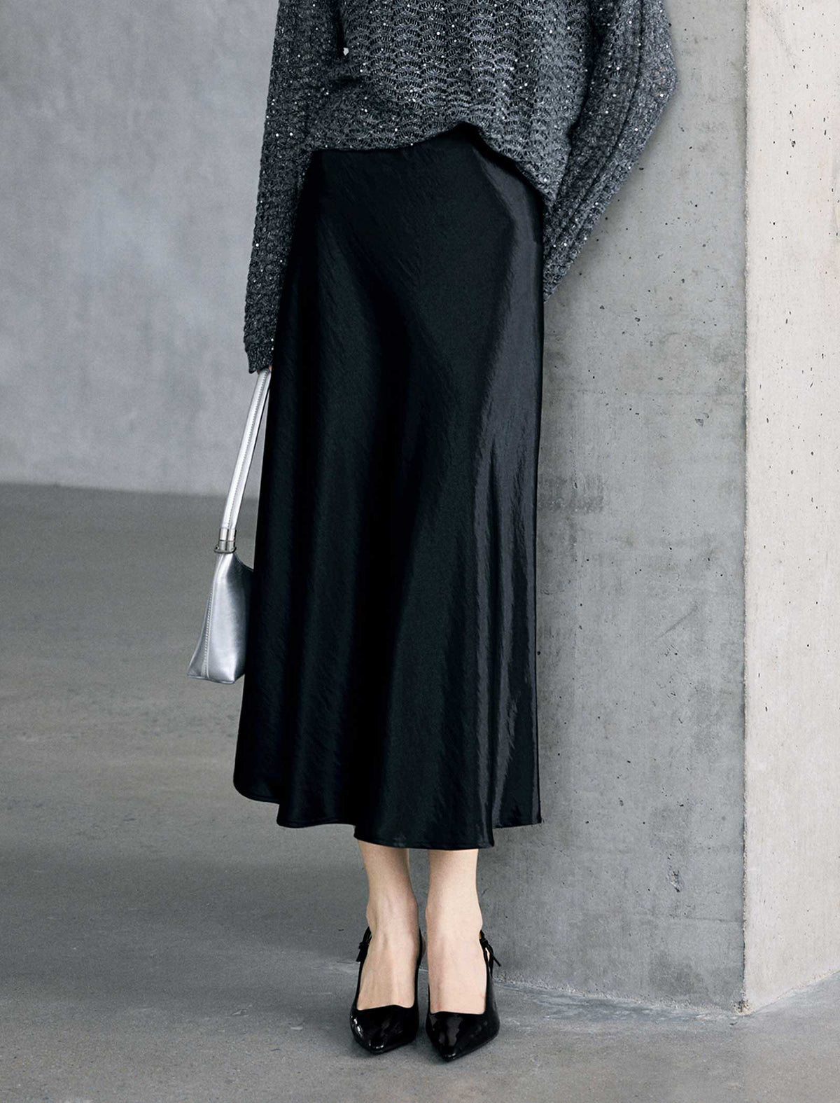 Vintage Black Shiny Satin Midi Skirt