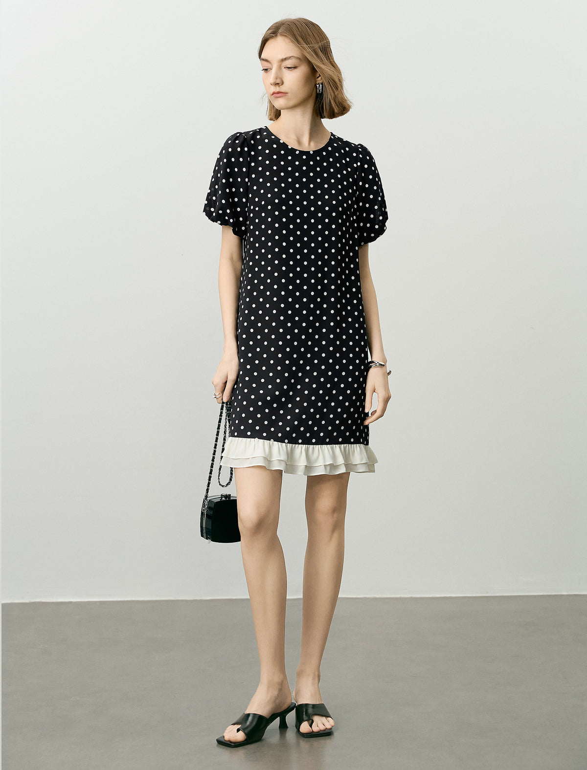 Black Polka Dot Puff Sleeve Ruffle Hem Dress