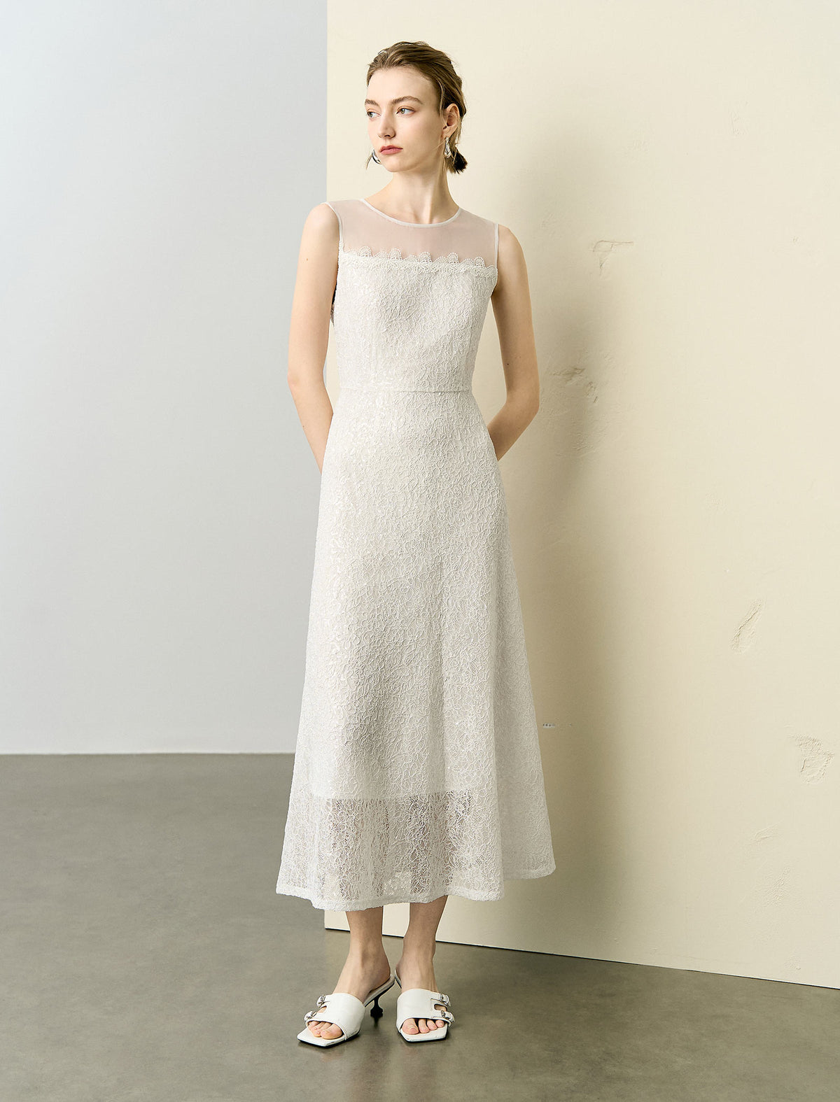 Sheer Neckline Lace Midi Dress