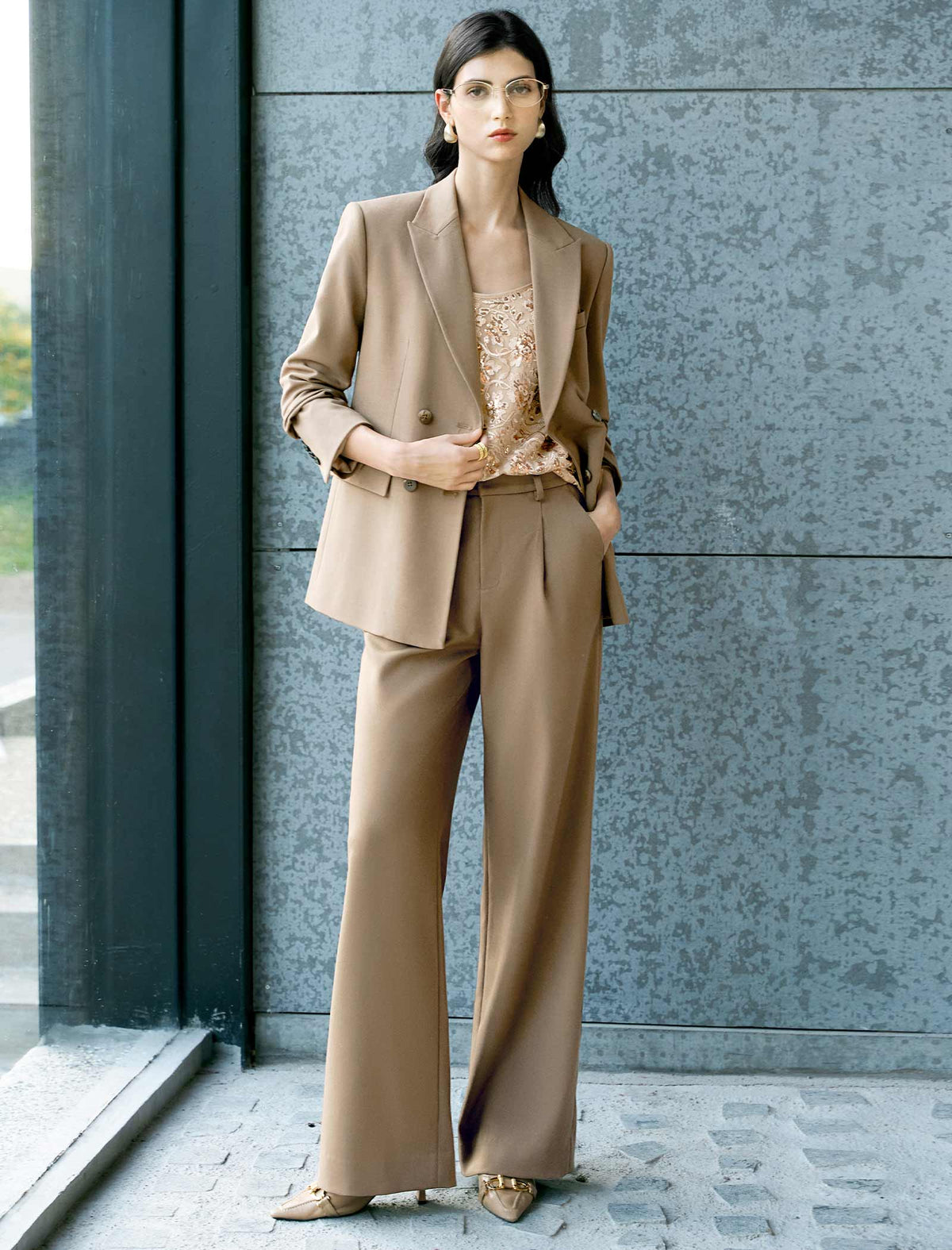Taupe Double-Breasted Blazer
