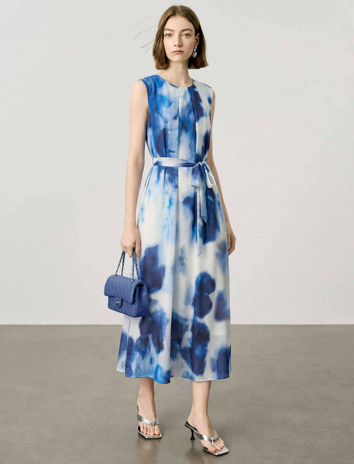 Watercolor Tie-Dye Round Neck Sleeveless Belted Silk Blend Midi Dress