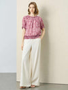 2-Way Pink Floral Print Ruffle Neck Puff Sleeve Elastic Hem Top