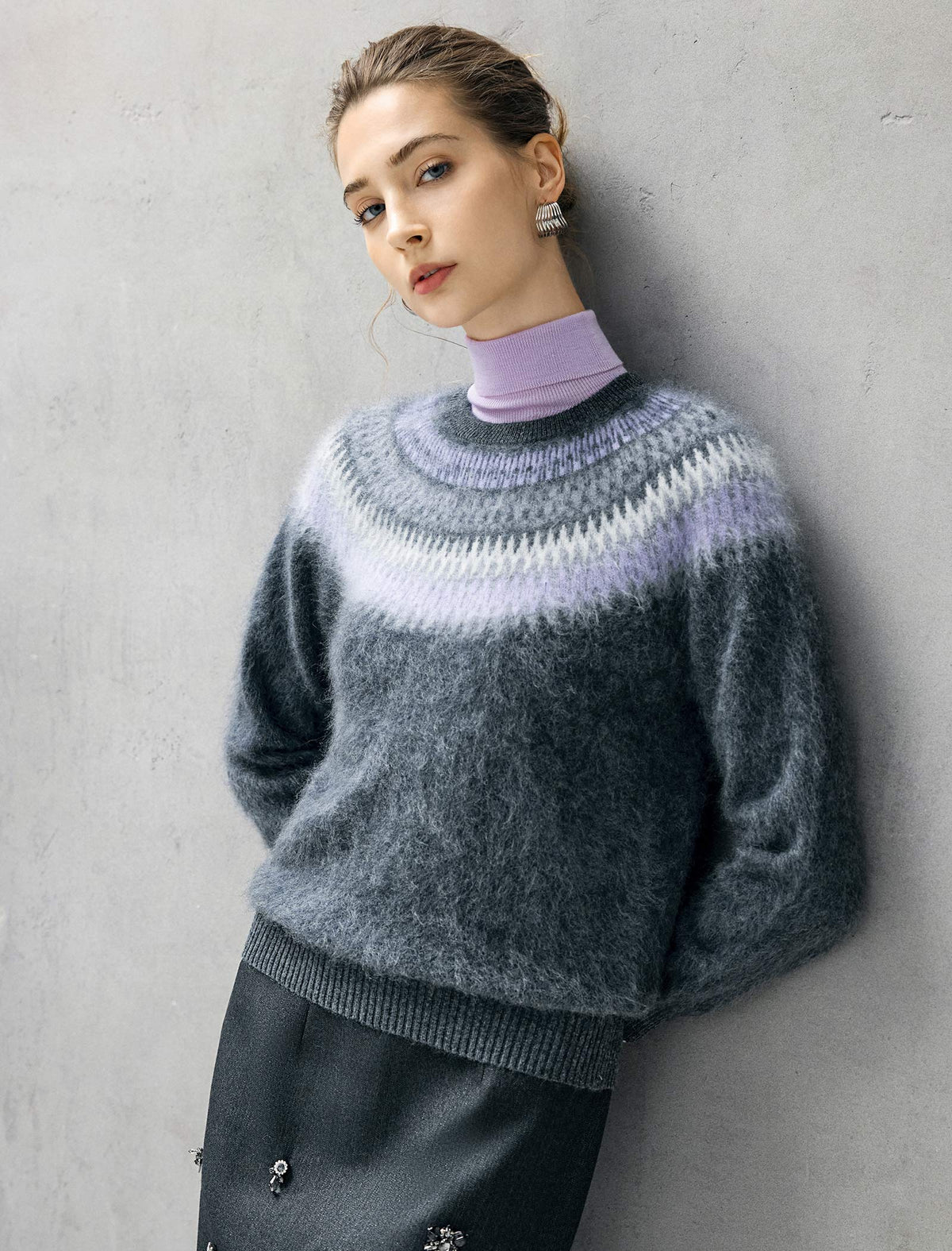 Wool and Mulberry Silk Blend Fair Isle Crewneck Relaxed Sweater