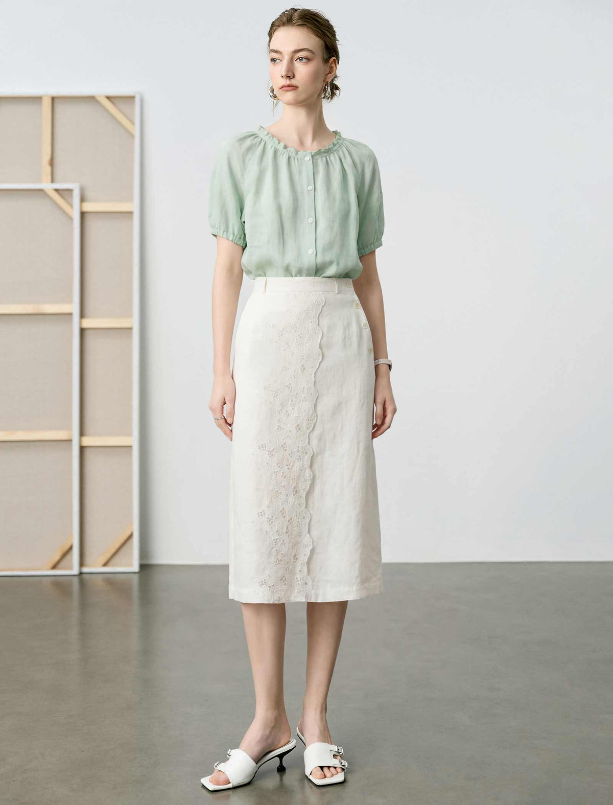 Eyelet Lace Trim High-Waisted Midi Skirt