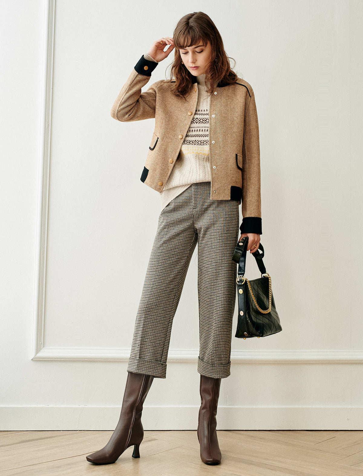 Wool Blend Herringbone Stand-Collar Relaxed Jacket