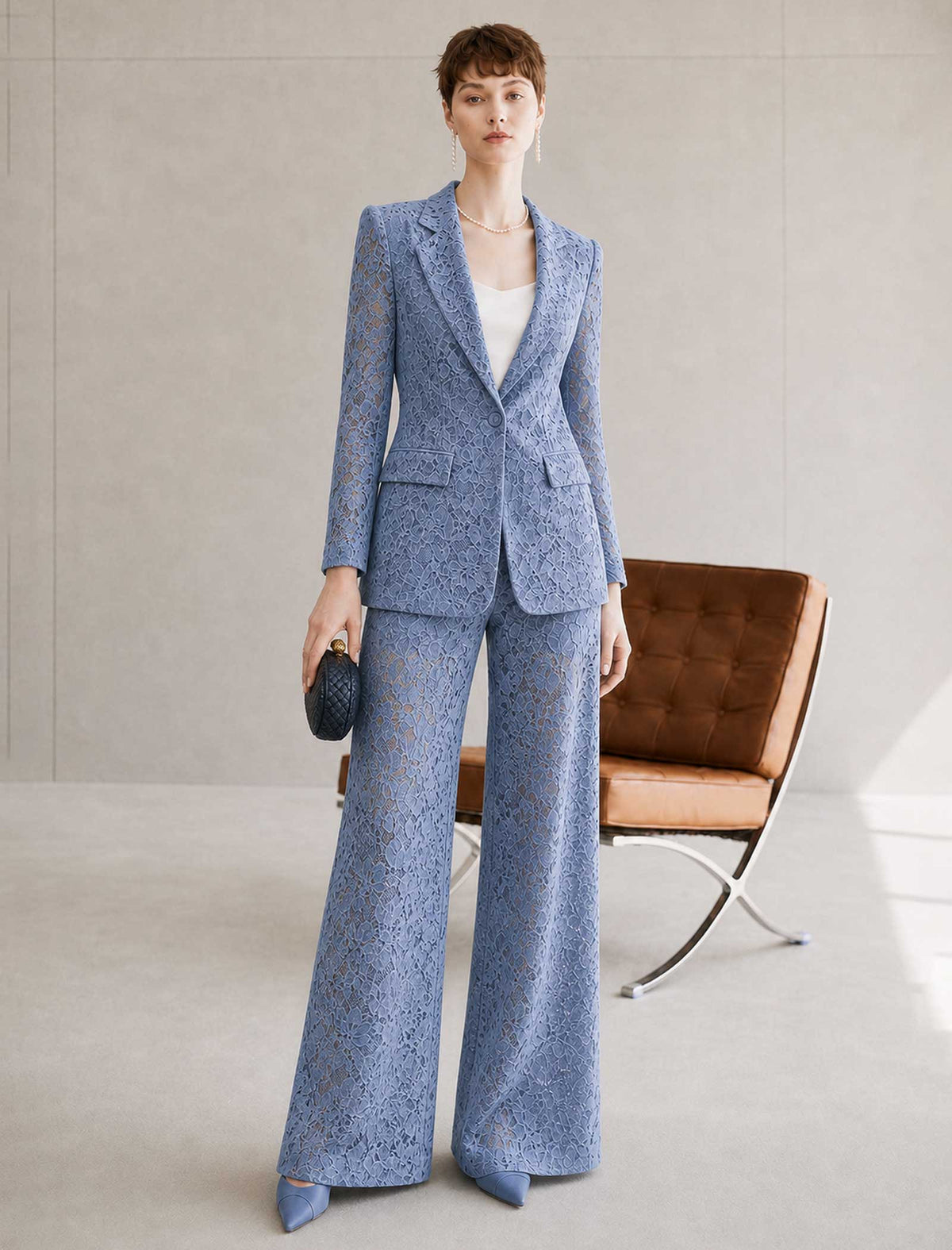 Dusty Blue Lace Tailored Blazer