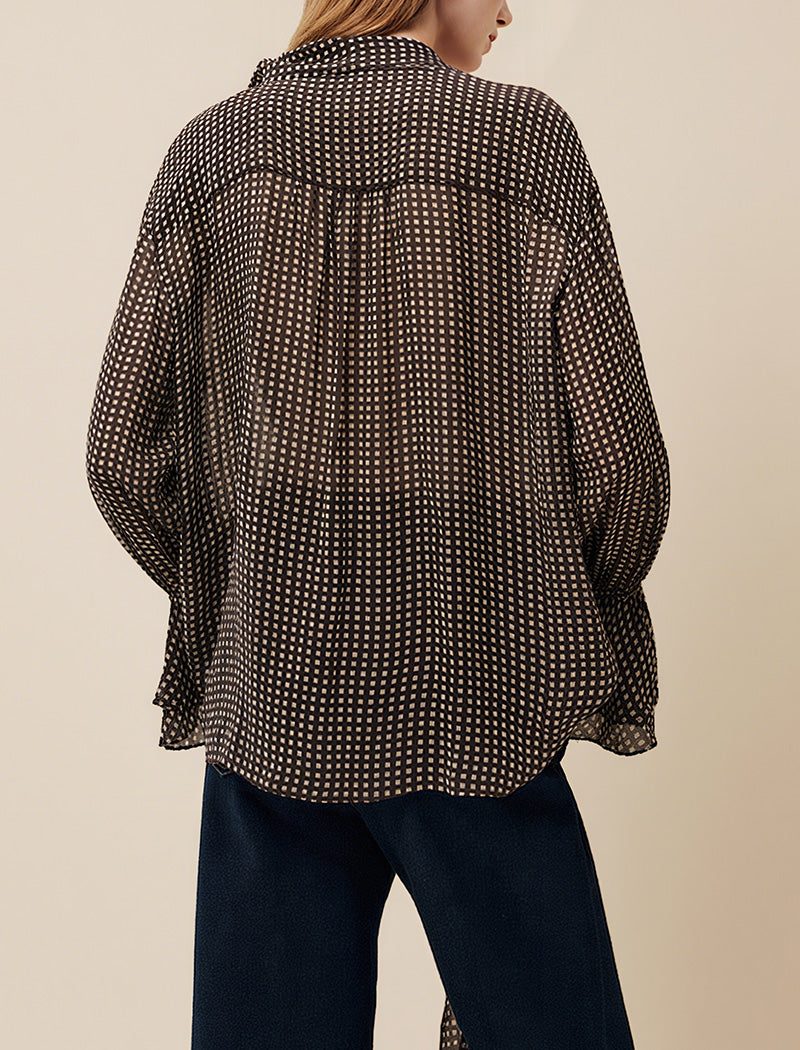 Brown Grid Print Sheer Blouse