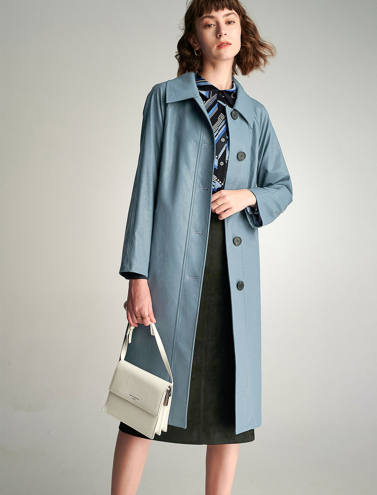 Collared Button-Front Belted Trench Coat
