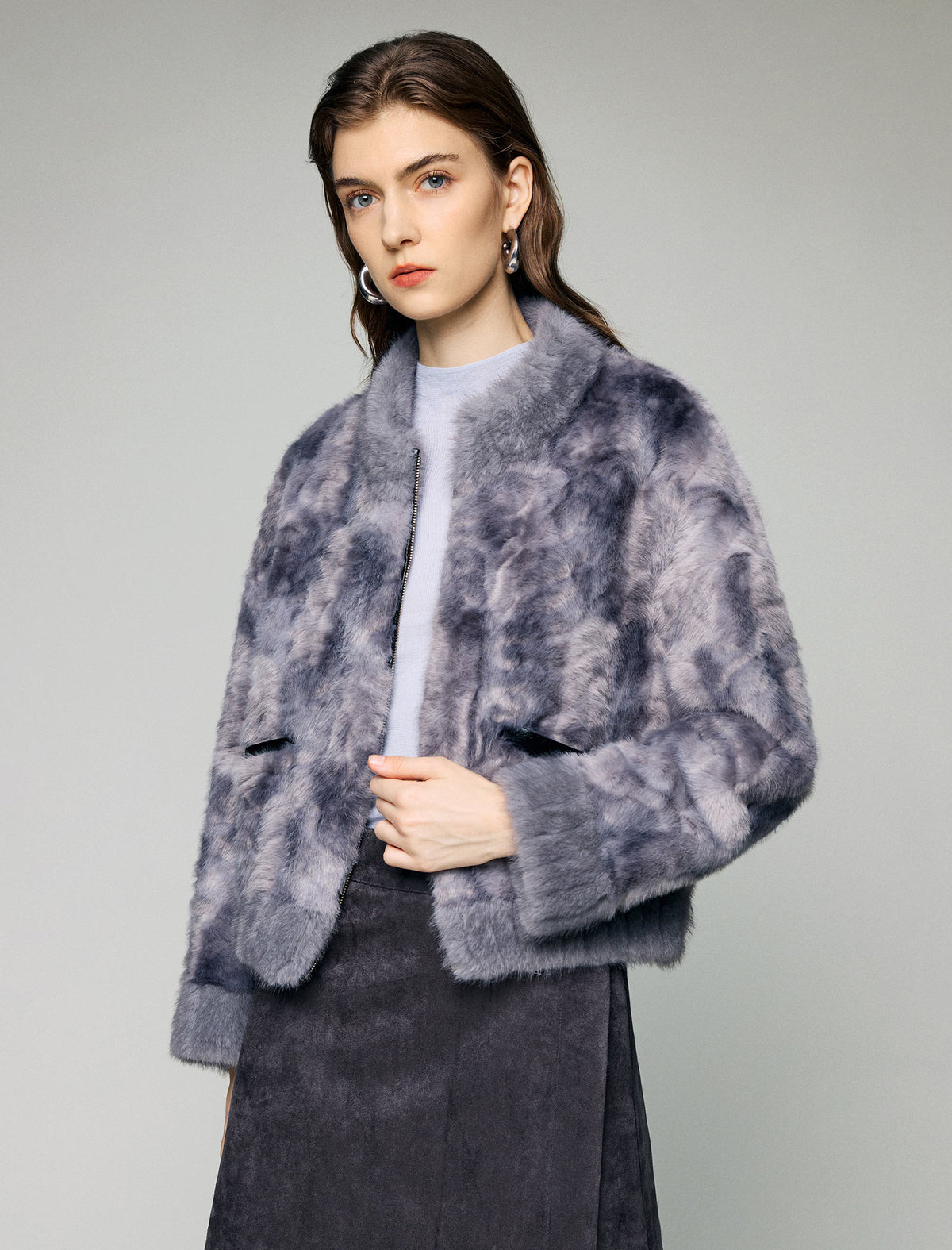 Stand-Collar Ribbed-Cuff Zip-Front Cropped Jacket