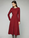 Wool Blend Beaded Crewneck Long Sleeve A-Line Midi Dress