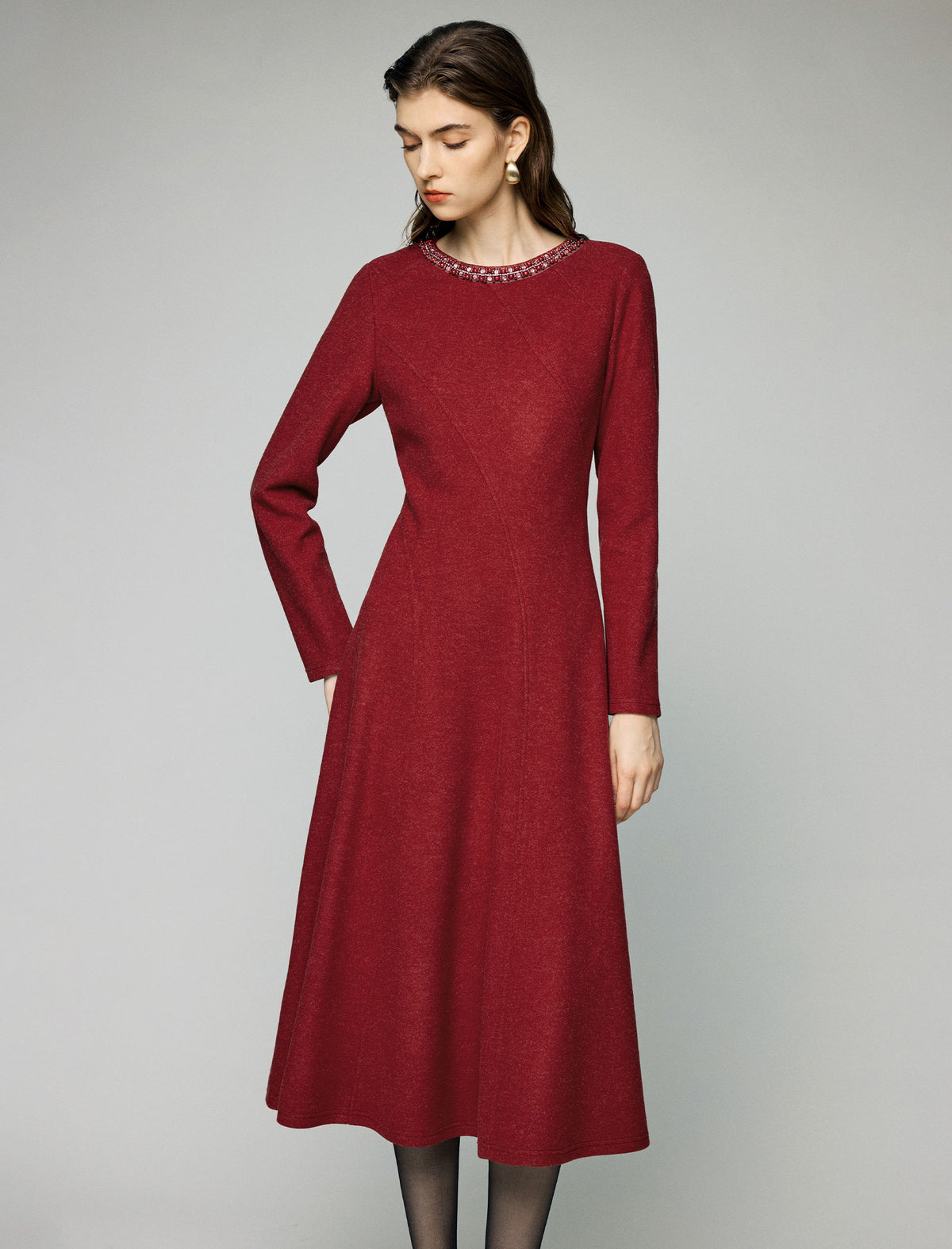 Wool Blend Beaded Crewneck Long Sleeve A-Line Midi Dress