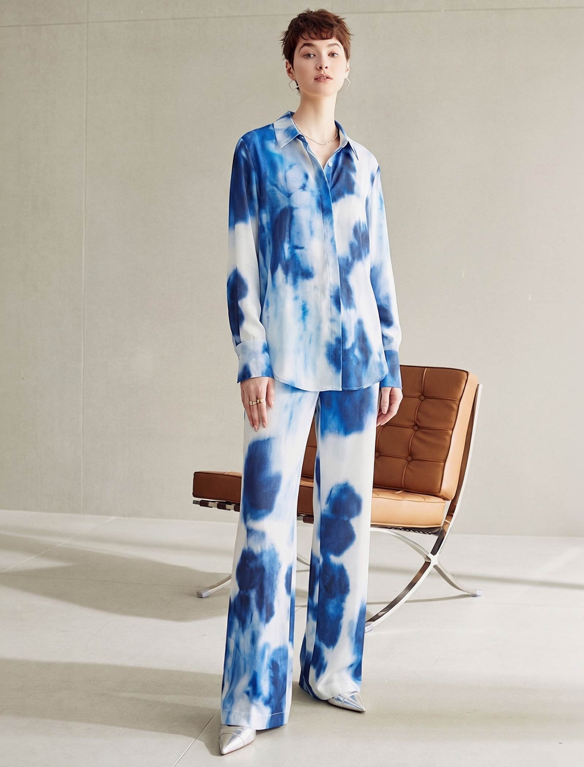 Blue And White Tie-Dye Silk Button Down Shirt