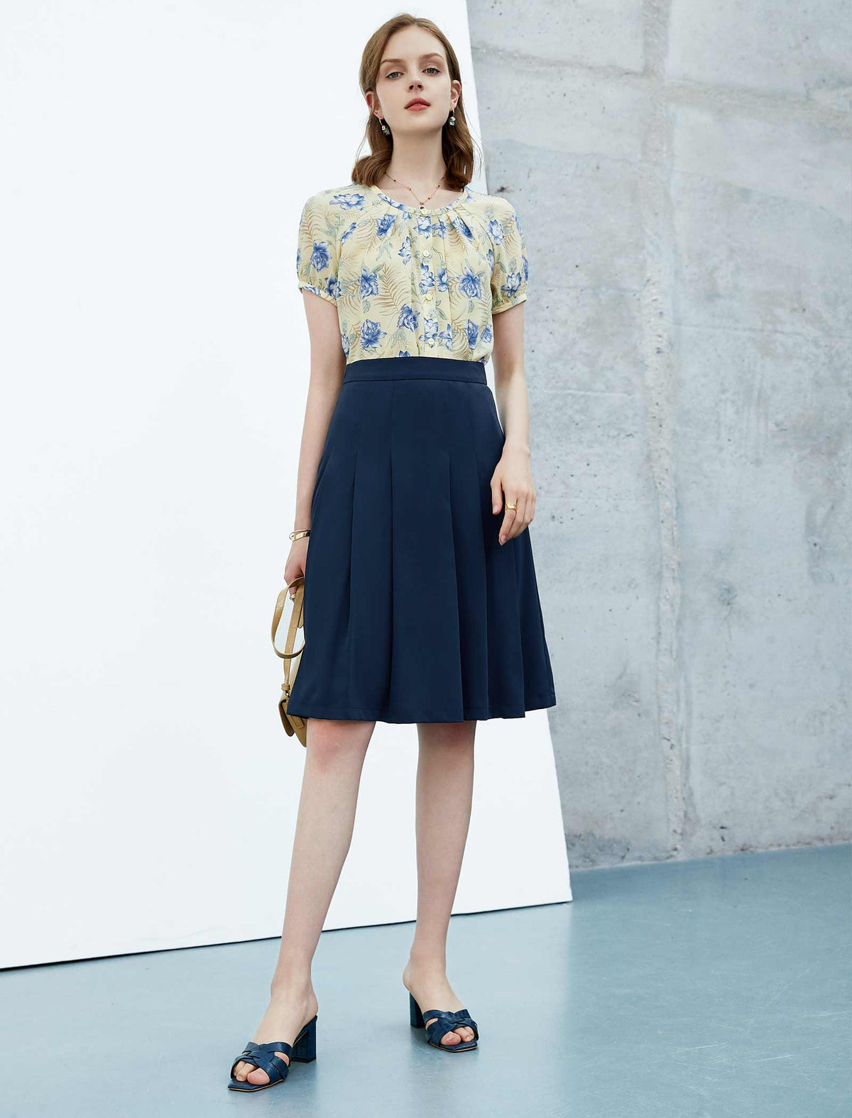 Navy Blue Pleated A-Line Midi Skirt