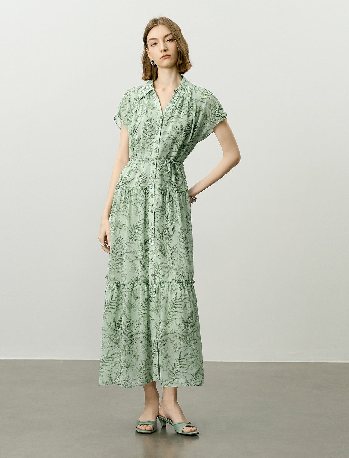 Plant Print Tiered Shirt Dress