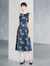 Navy Floral Pearl Trim Round Neck Sleeveless Dress