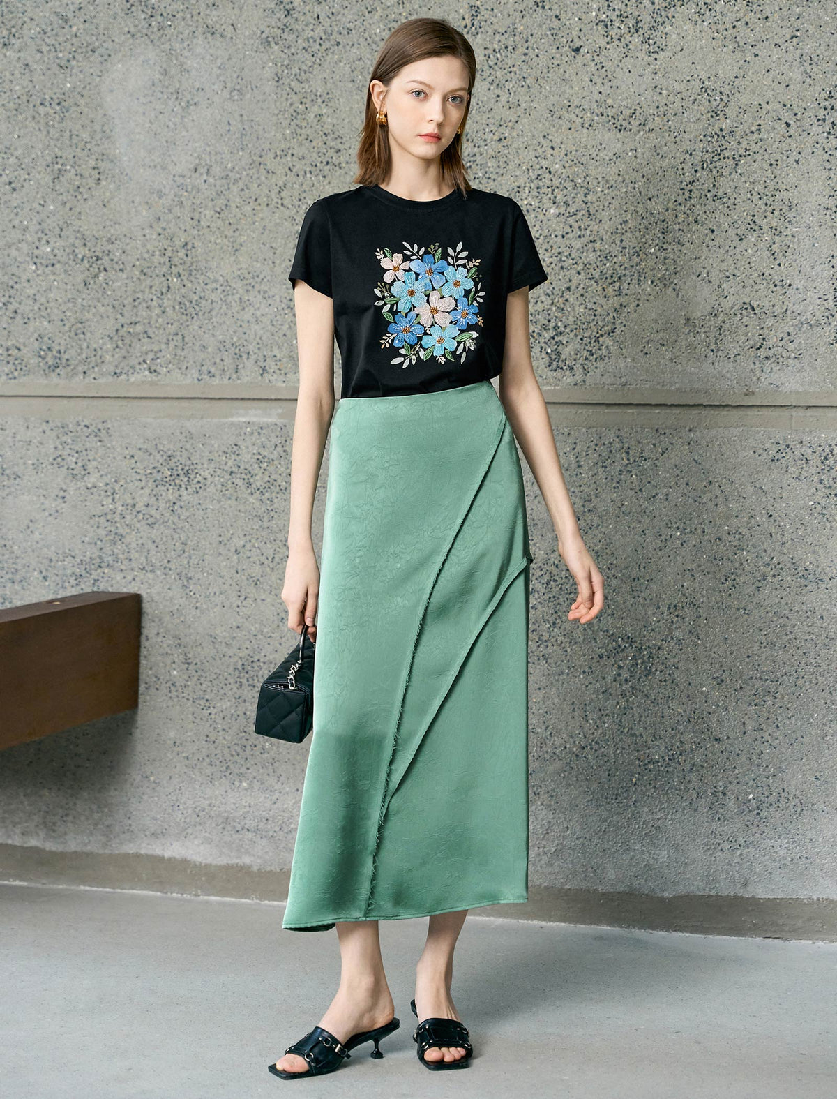 Sage Green Embossed Satin Wrap Midi Skirt