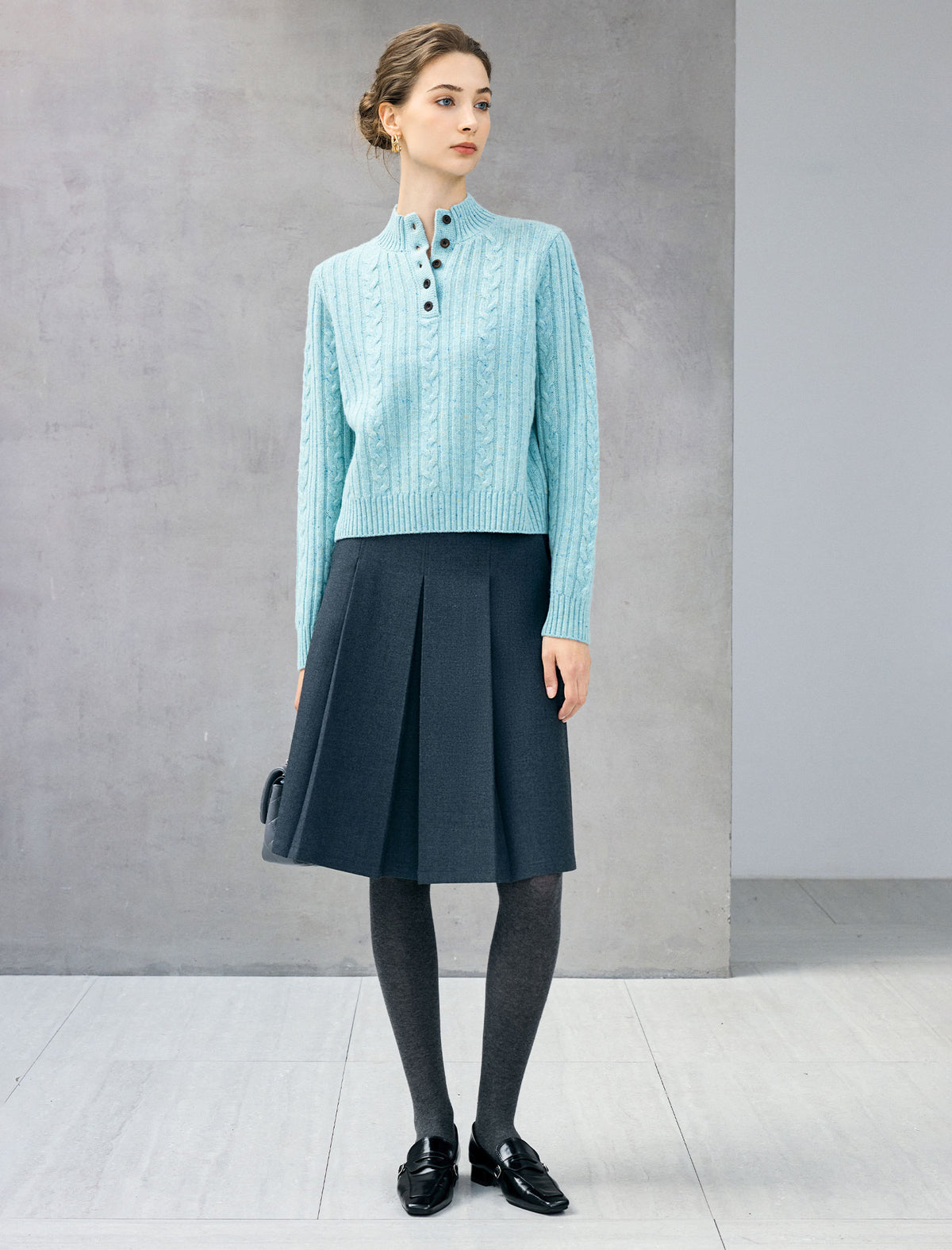 Wool Blend Cable-Knit Mock-Neck Button-Placket Sweater