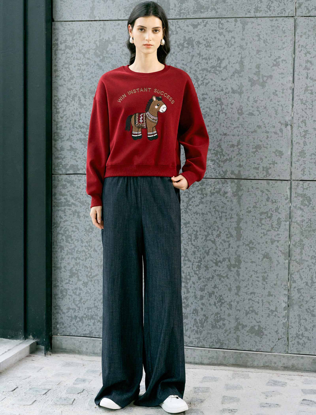Cartoon‑Pony Embroidered Crew‑Neck Sweatshirt