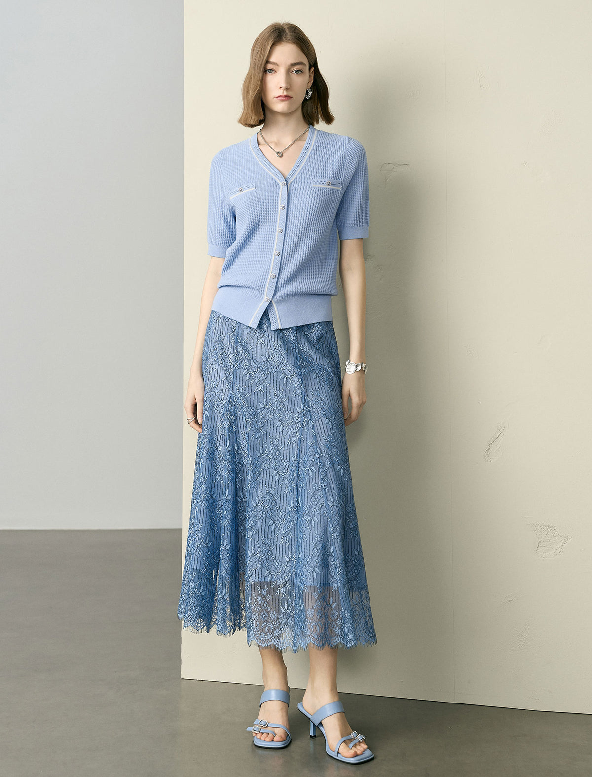 Blue Short-Sleeve V-Neck Button-Front Cardigan