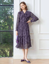 Purple Floral Tie-Neck Midi Dress