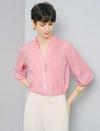 Pink Floral Jacquard Ruffle Neck Blouse
