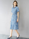 Blue Leaf Floral Print Belted Midi Shirt Dress