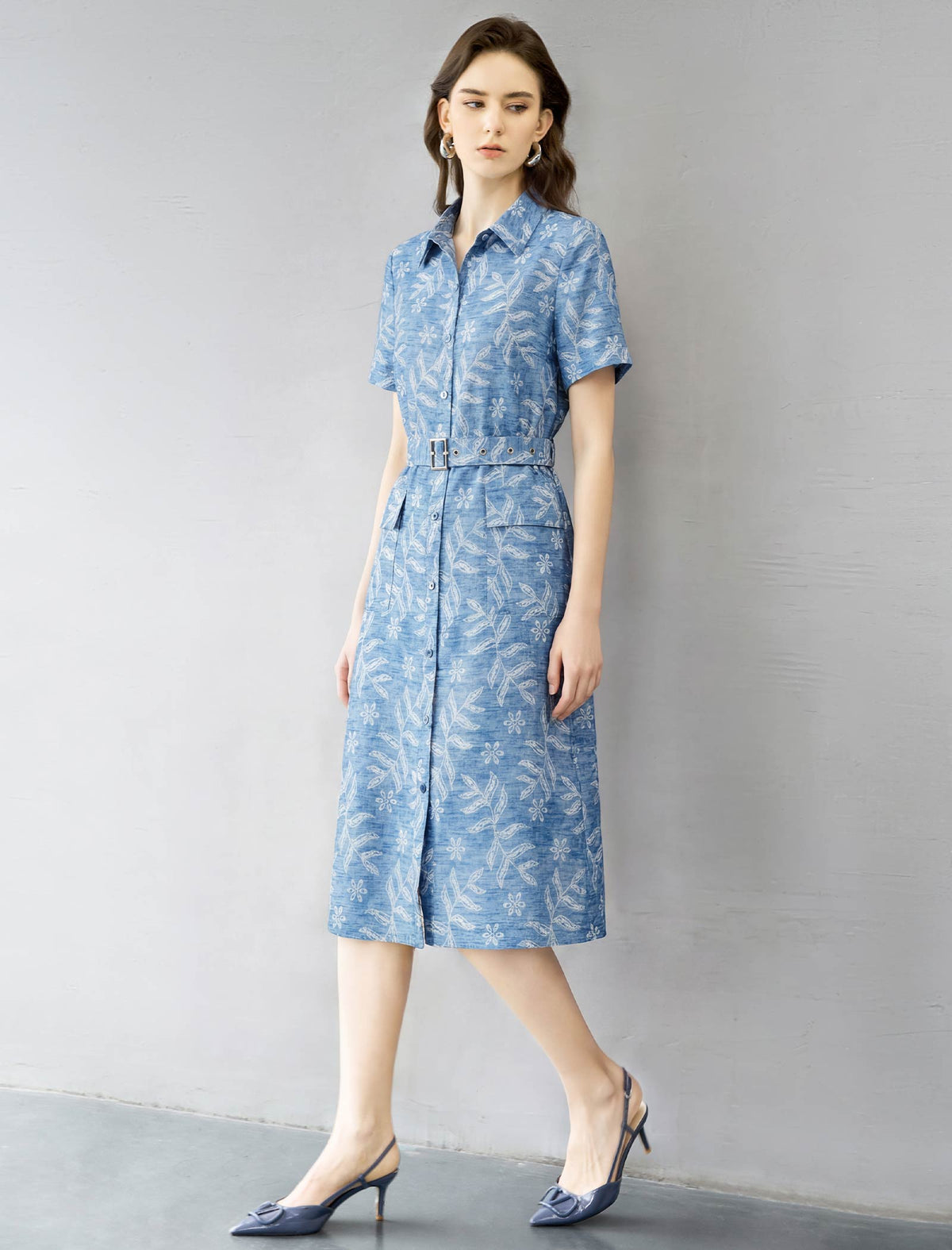 Blue Leaf Floral Print Belted Midi Shirt Dress
