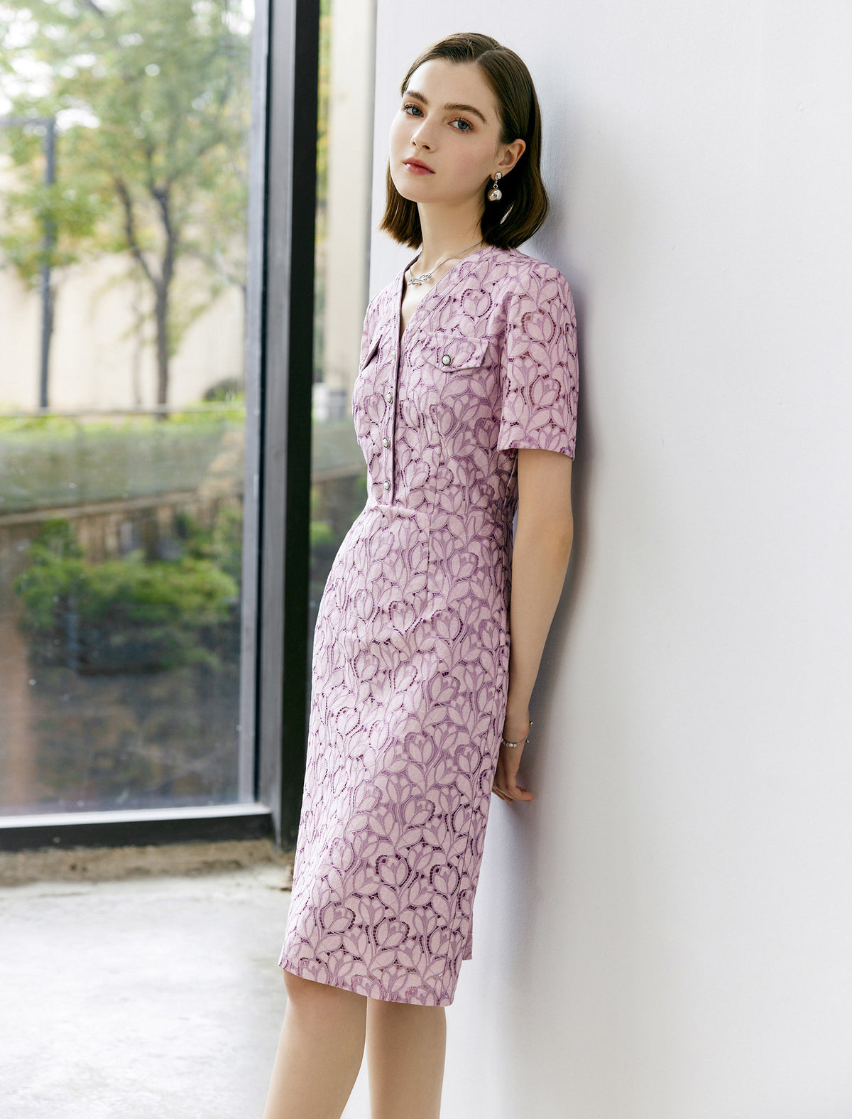 Lilac Floral V-Neck Lace Dress