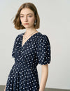 Navy Blue Polka Dot Wrap Midi Dress