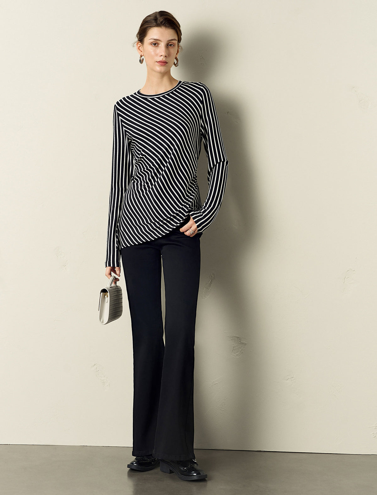 Stripe Long-Sleeve Side-Ruched Top