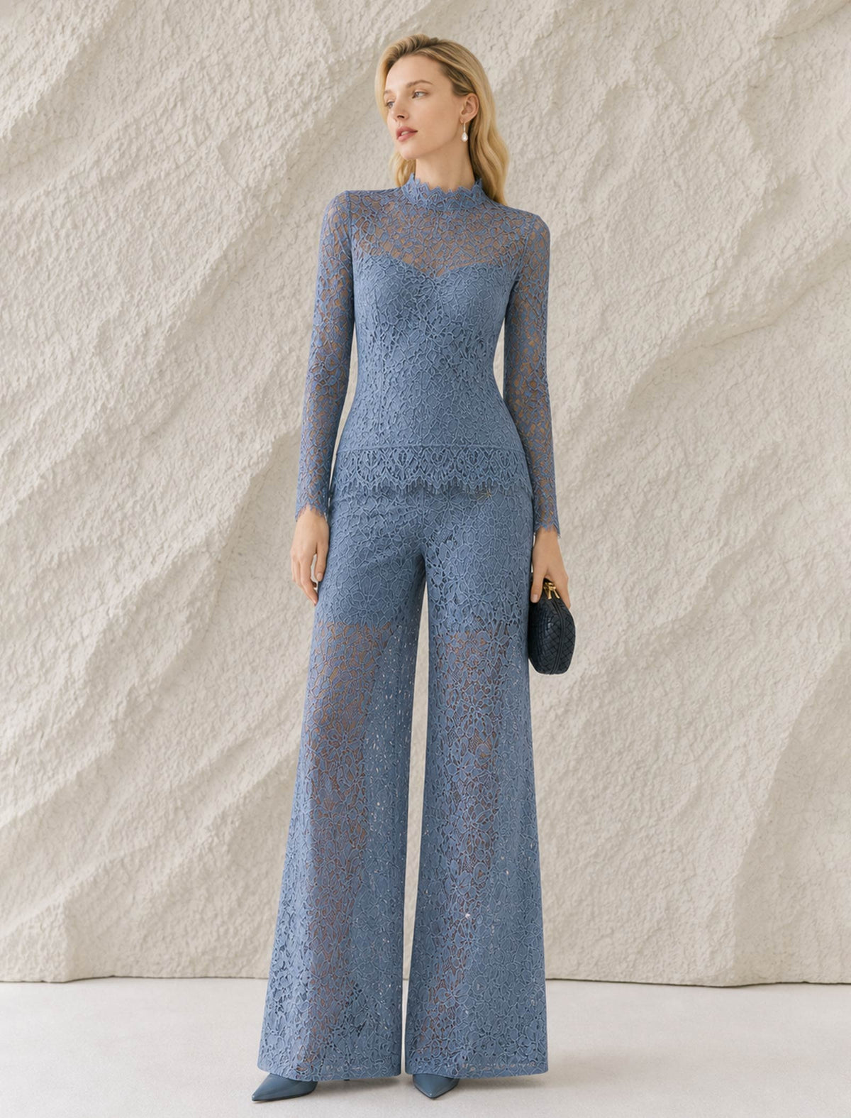 Dusty Blue Floral Lace High Neck Long Sleeve Top
