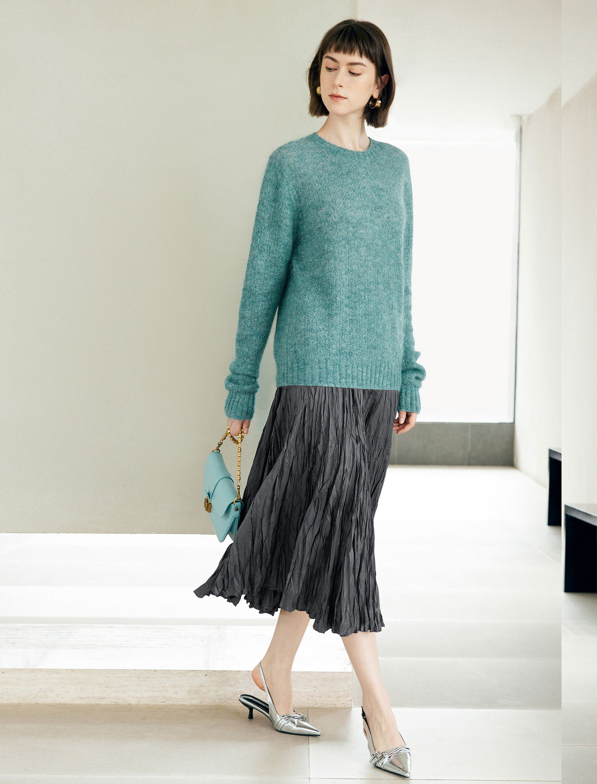 Crinkled Pleated Elastic Waist Midi Skirt