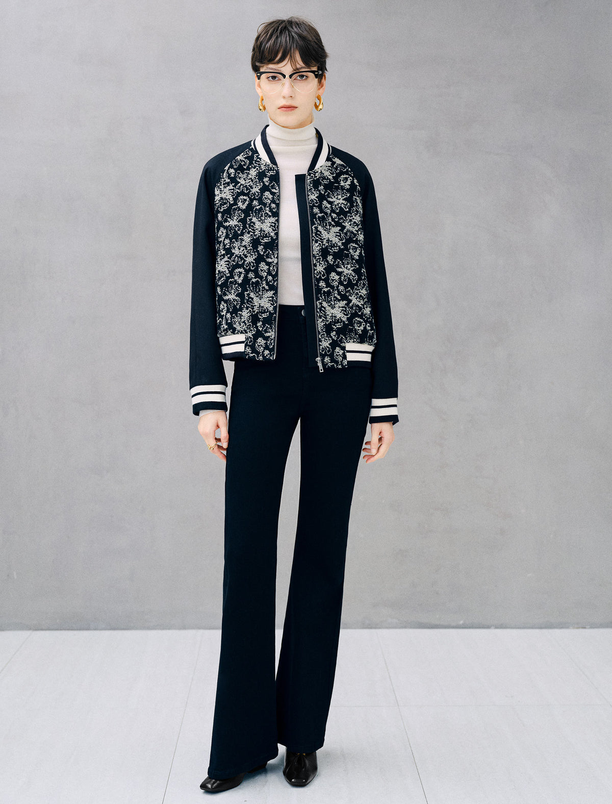 Floral Jacquard Zip Front Cropped Baseball Jacket