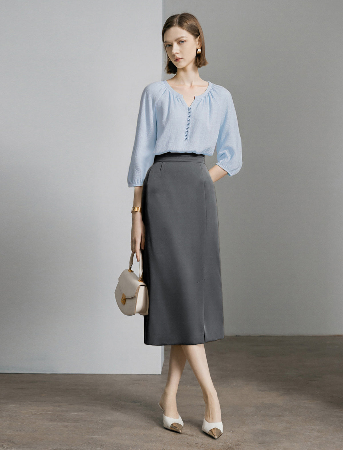 Gray High-Waist Straight Midi Skirt