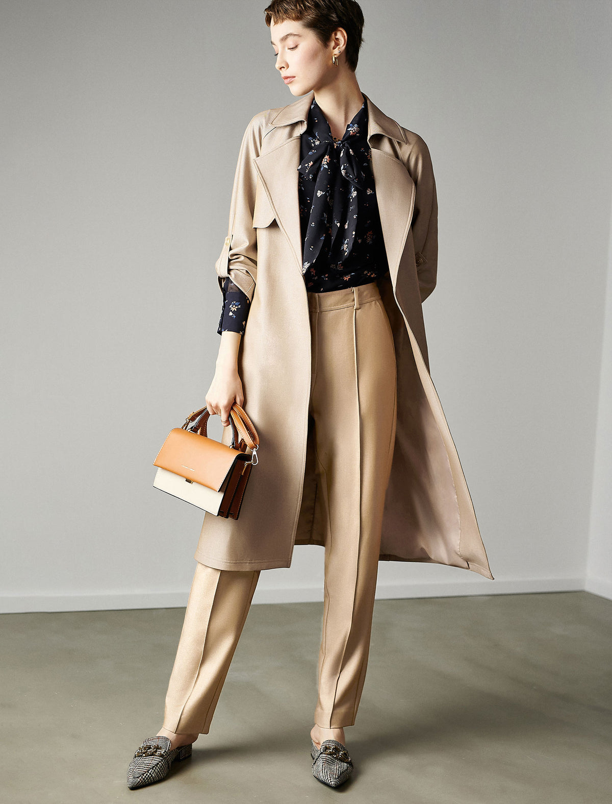 Textured Collared Button-Front Belted Trench Coat