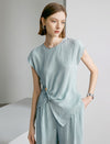 Textured Round Neck Ruched Detail Cap Sleeve Top