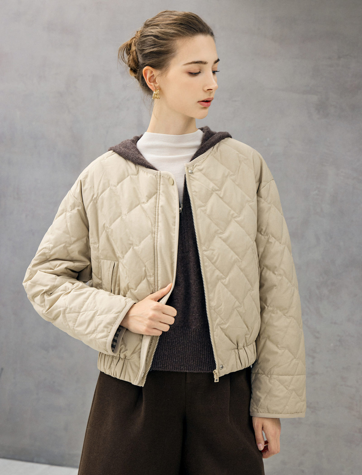 Diamond-Quilted Baseball-Collar Drawstring Cropped Puffer Jacket